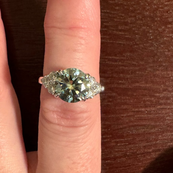 CannyCat Jewelry - Silver Ring with Green-Blue Moissanite Stone and Side Diamonds